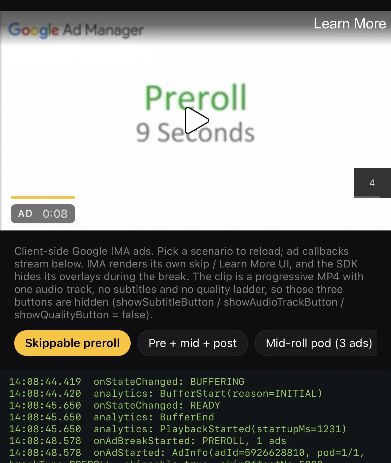 An IMA pre-roll inside the same player, with the ad countdown.