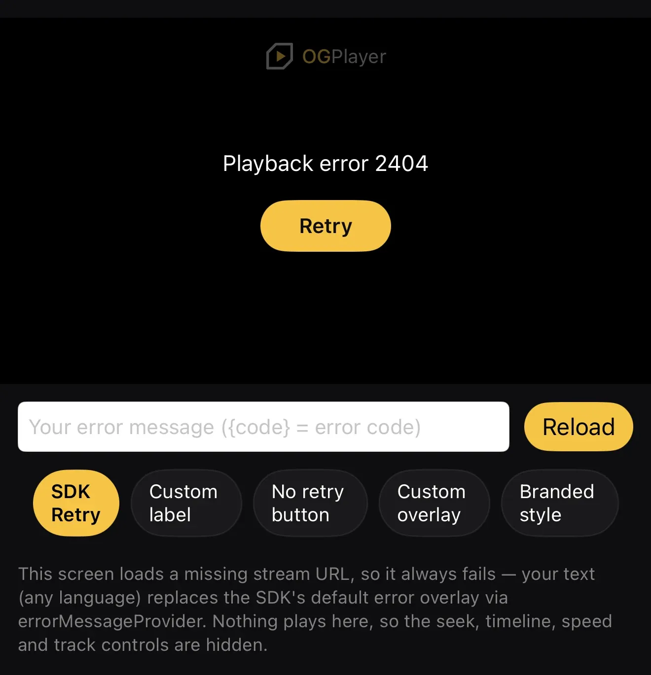 The error overlay with host copy on a stable error code, and a Retry action.