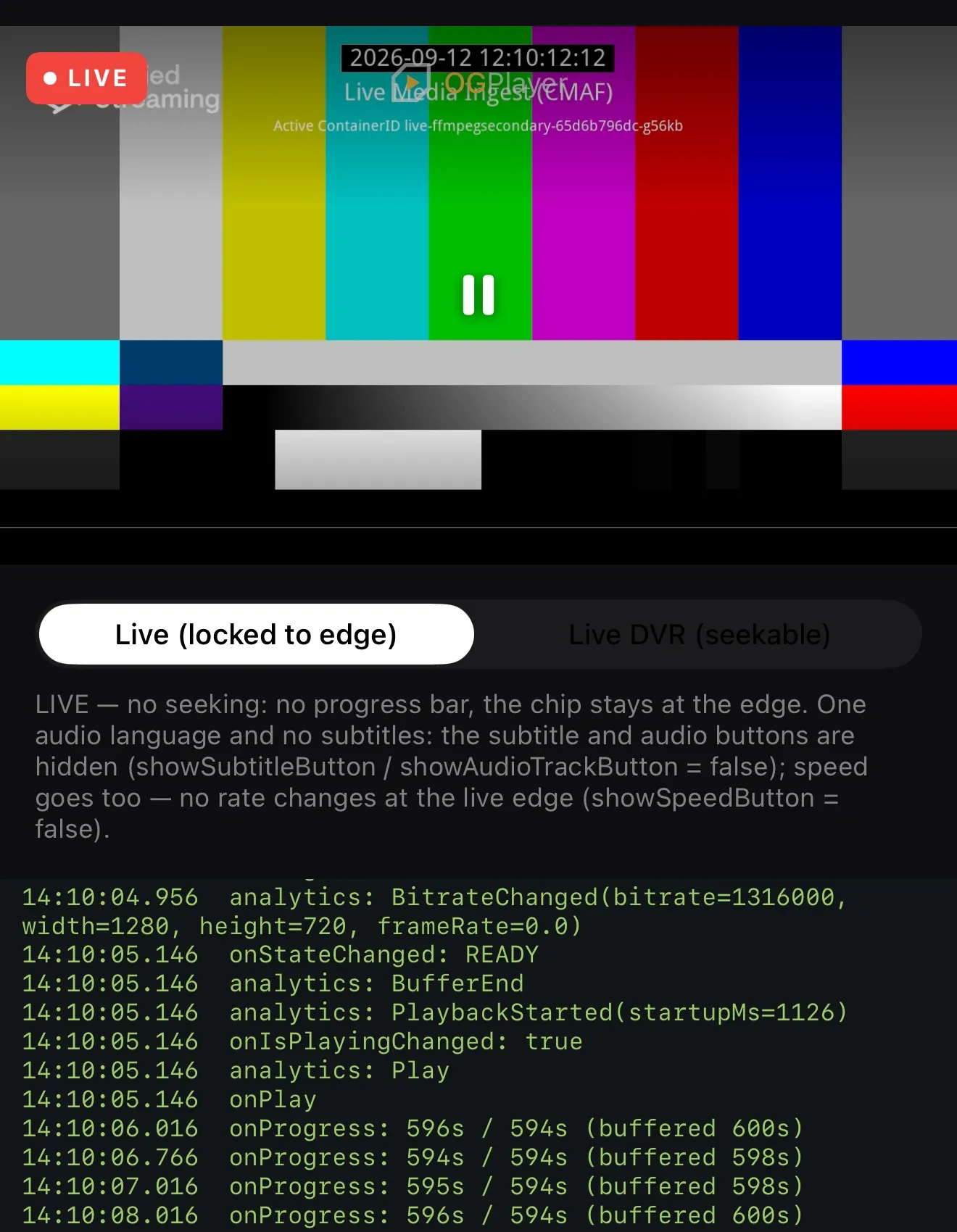 A live stream locked to the edge: the LIVE chip is the state, and there is no scrubber or time label.