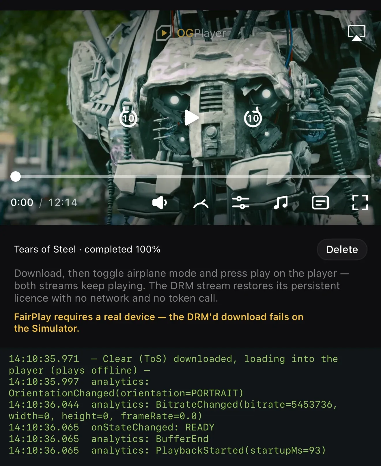 The downloads screen: an item with its own progress and controls.