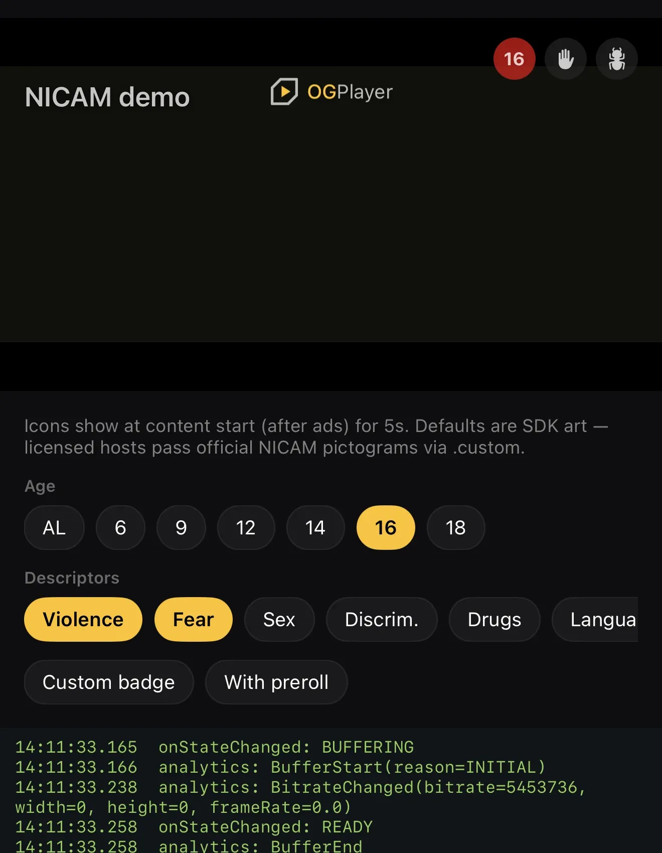 The age badge and descriptor icons in the player's top row, at content start.