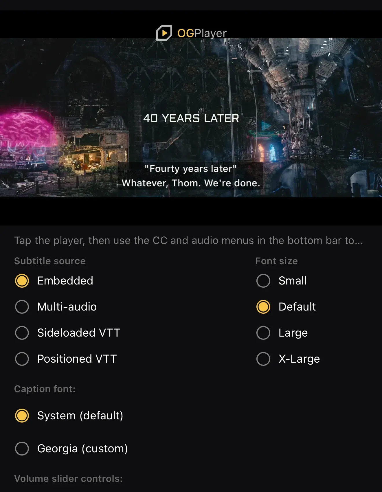 A subtitle cue over the video with the controls hidden.