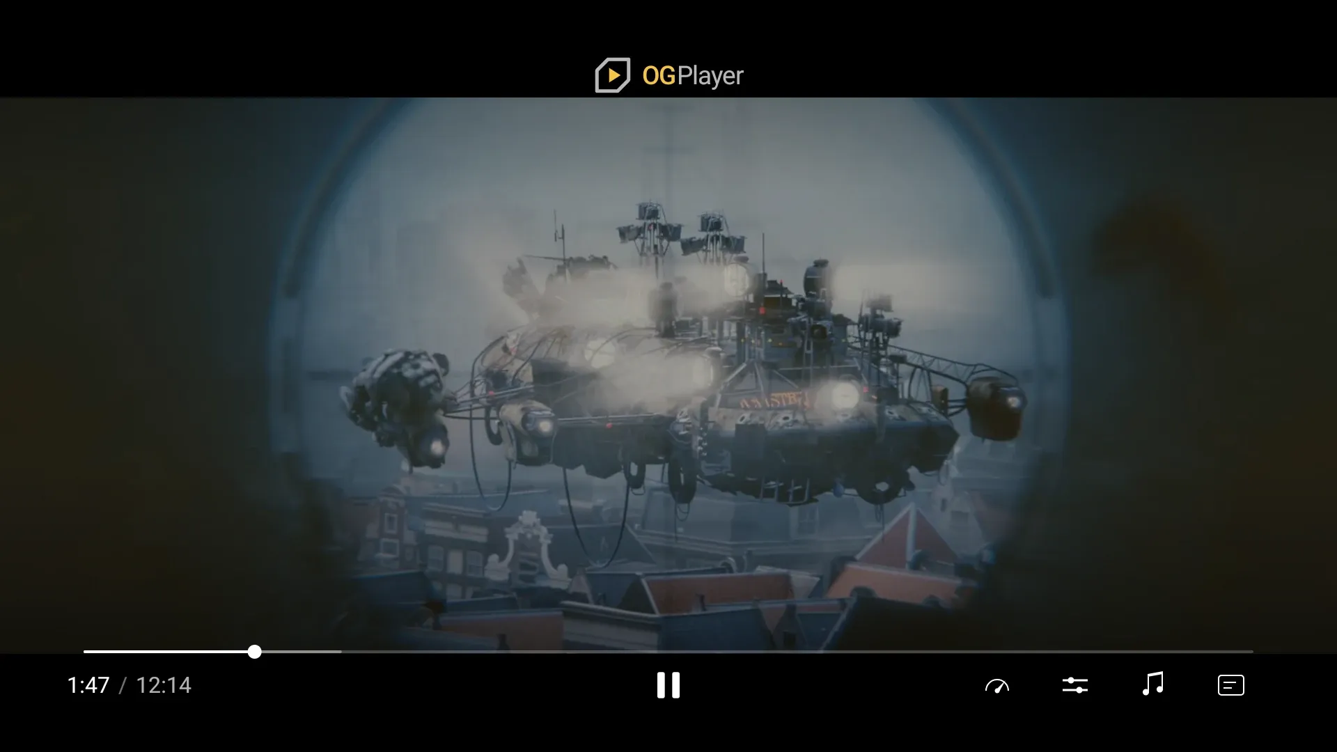 The remote-control chrome on Android TV: scrub bar, play/pause centred in the bottom row, option buttons on the right.