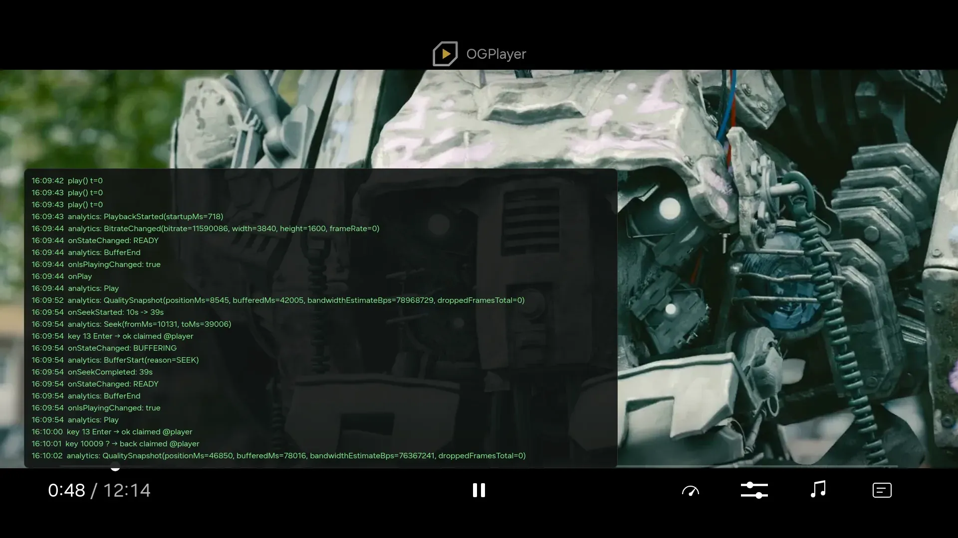 The demo shell's event log over the player on a Samsung set: timestamped SDK callbacks — state changes, analytics events, the keys the remote sent and who claimed them.
