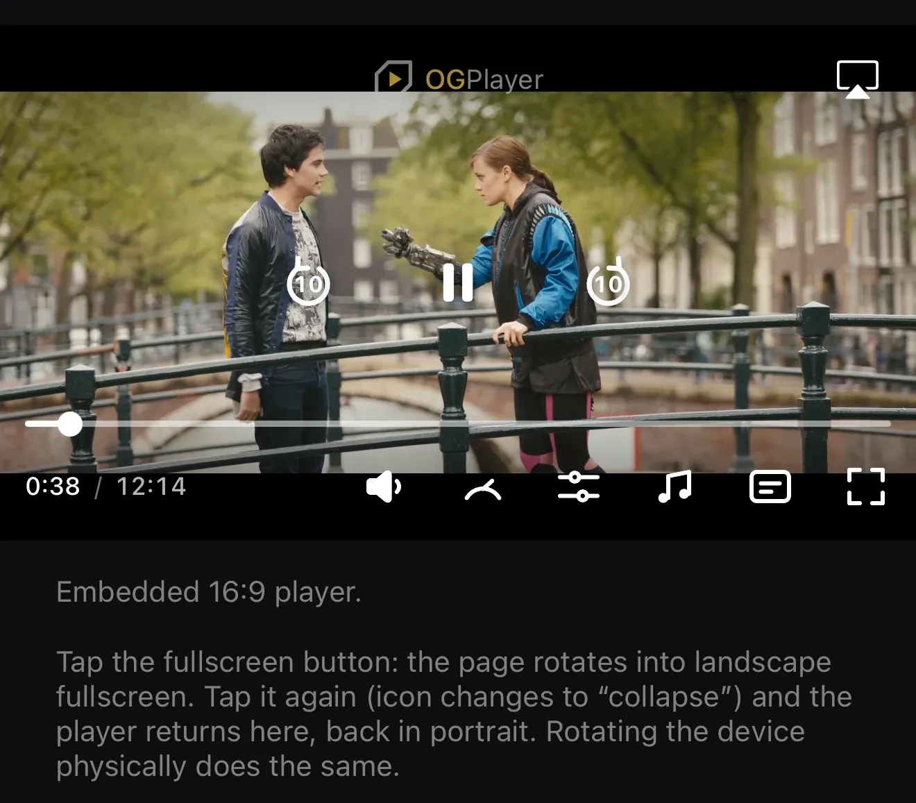 The player chrome during VOD playback: transport, scrub bar and the control row.